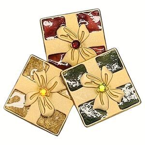 Vintage Christmas Presents Gift Brooch Pin 2.5" Icy Rhinestone Enamel Gold-tone